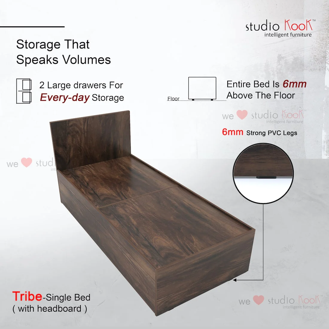 Tribe Left Single Bed with Headboard and 2 Drawers on Left - Image 4