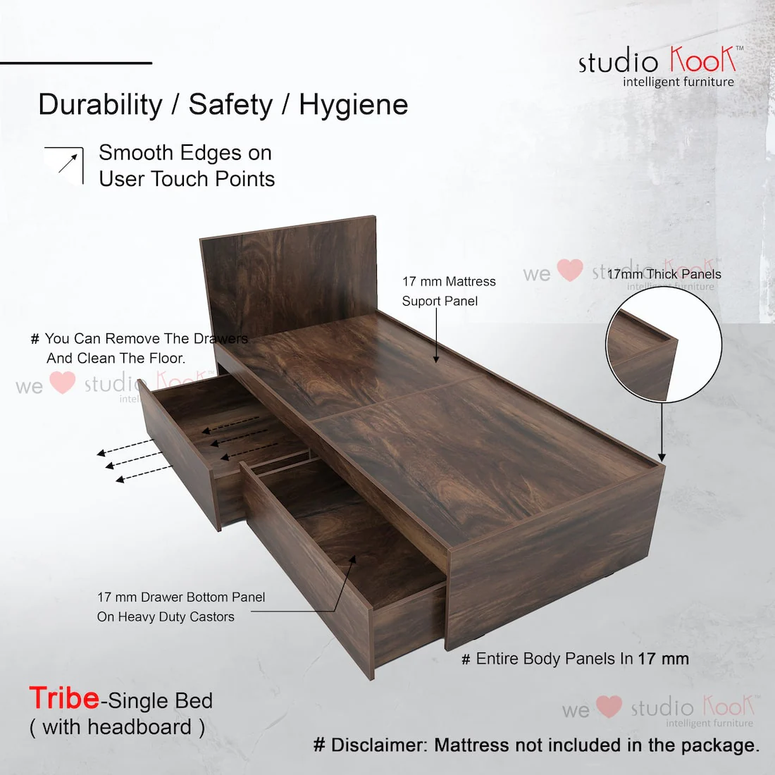 Tribe Left Single Bed with Headboard and 2 Drawers on Left - Image 6