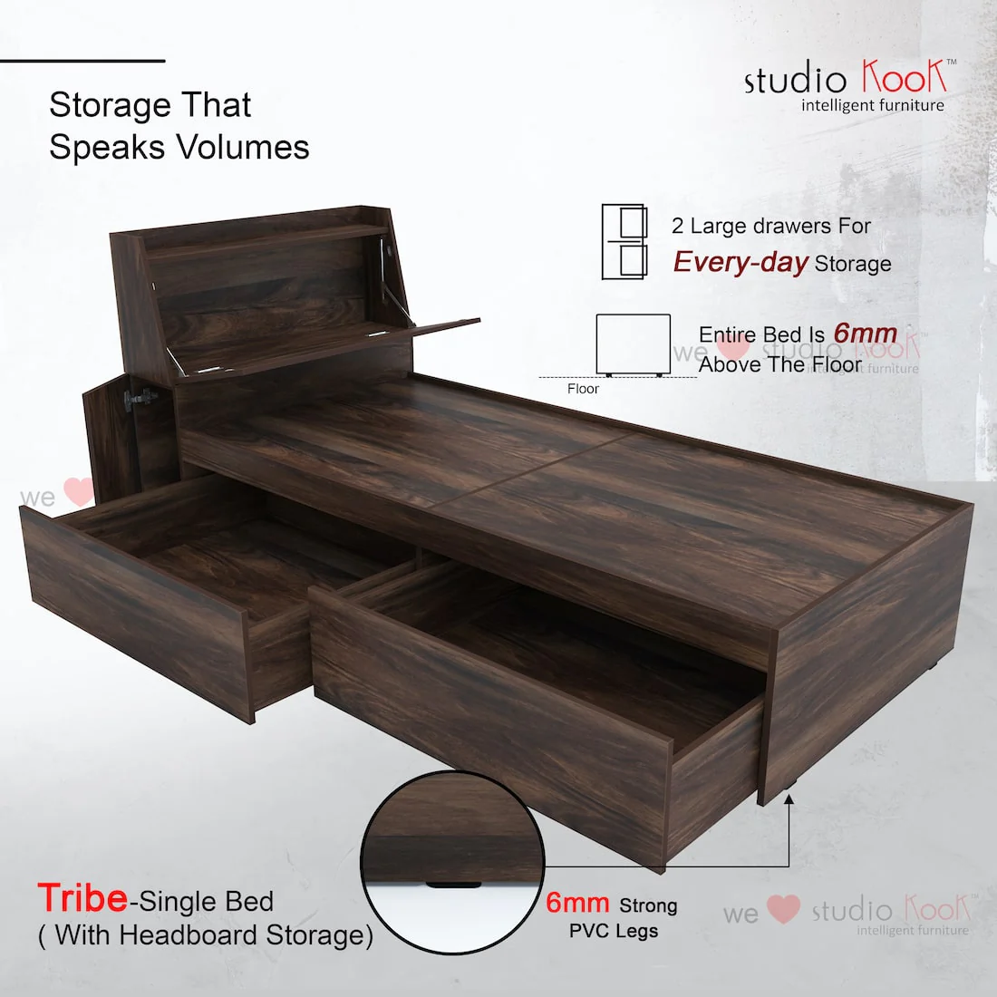 Tribe Single Bed Left with Headboard storage and 2 Drawers on Left - Image 10