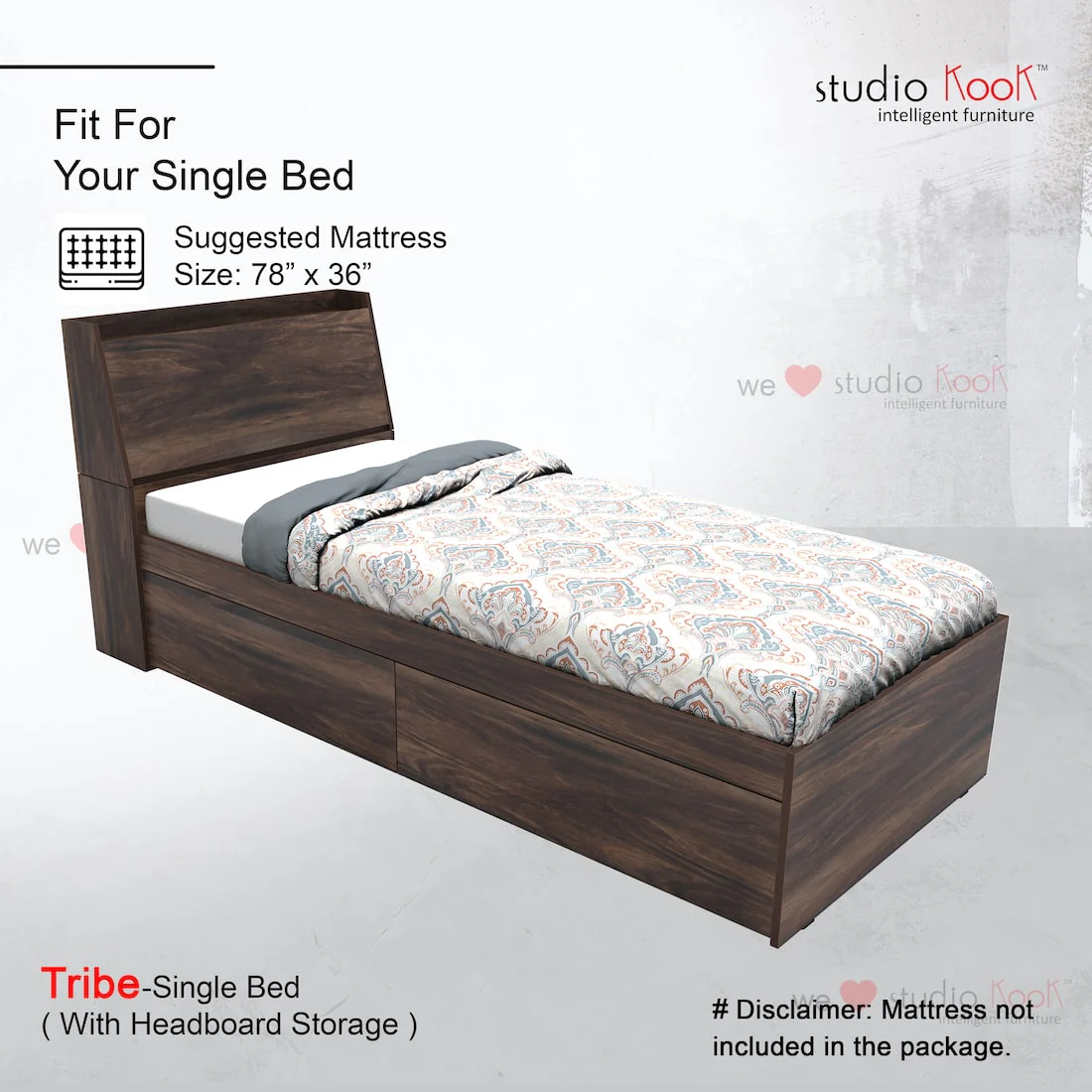 Tribe Single Bed Left with Headboard storage and 2 Drawers on Left - Image 11