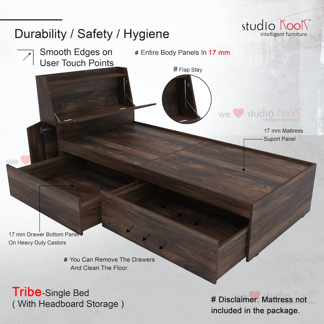 Tribe Single Bed Left with Headboard storage and 2 Drawers on Left - Image 12