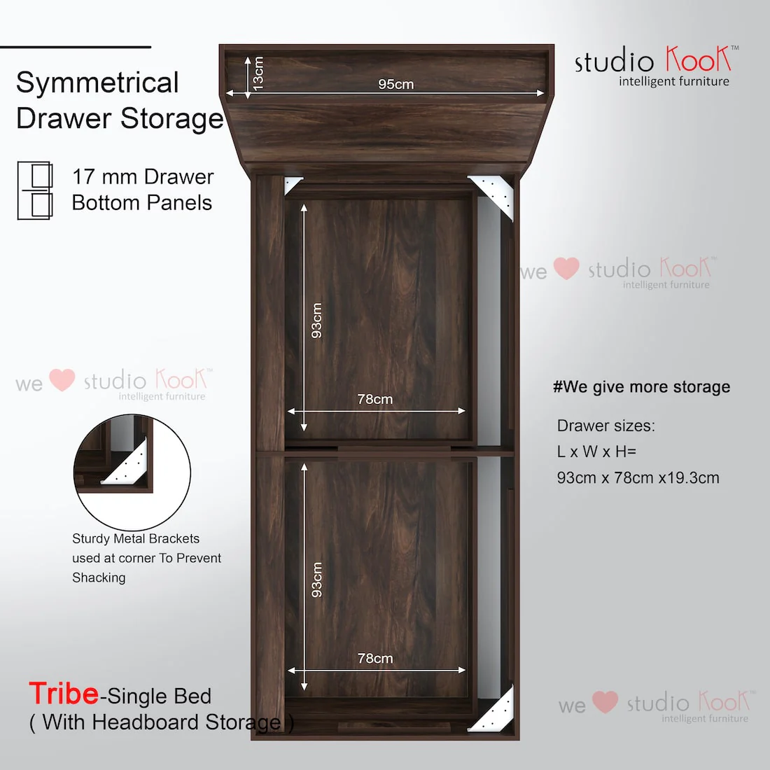 Tribe Single Bed Left with Headboard storage and 2 Drawers on Left - Image 13