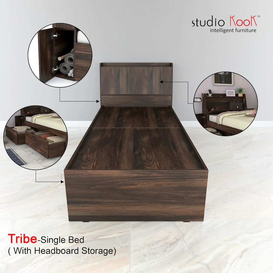 Tribe Single Bed Left with Headboard storage and 2 Drawers on Left - Image 14