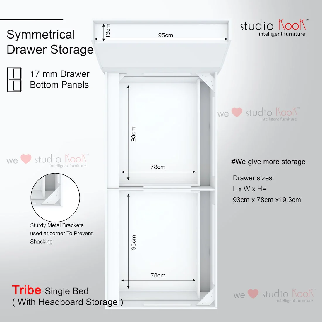 Tribe Single Bed Left with Headboard storage and 2 Drawers on Left - Image 3