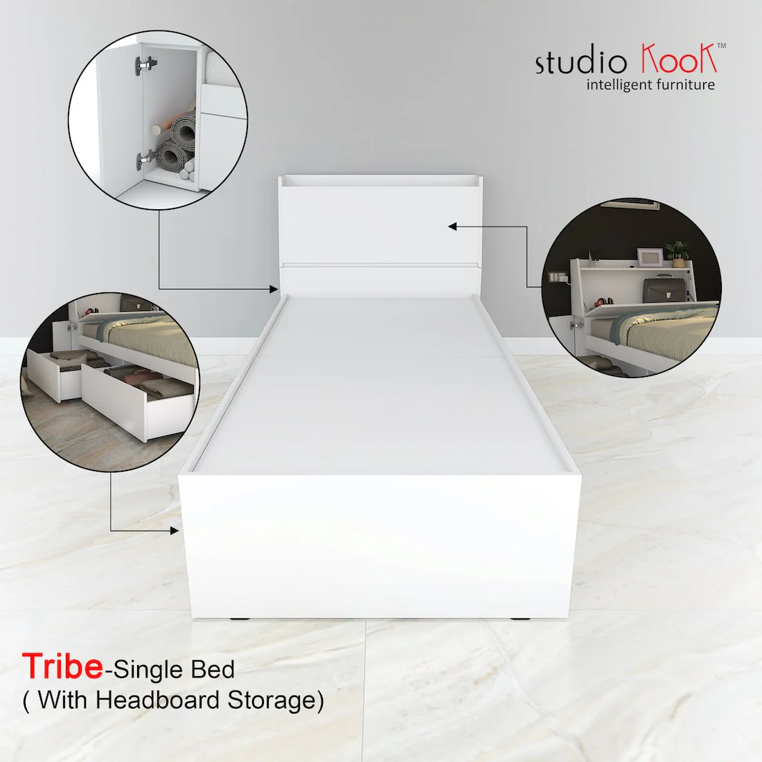 Tribe Single Bed Left with Headboard storage and 2 Drawers on Left - Image 4
