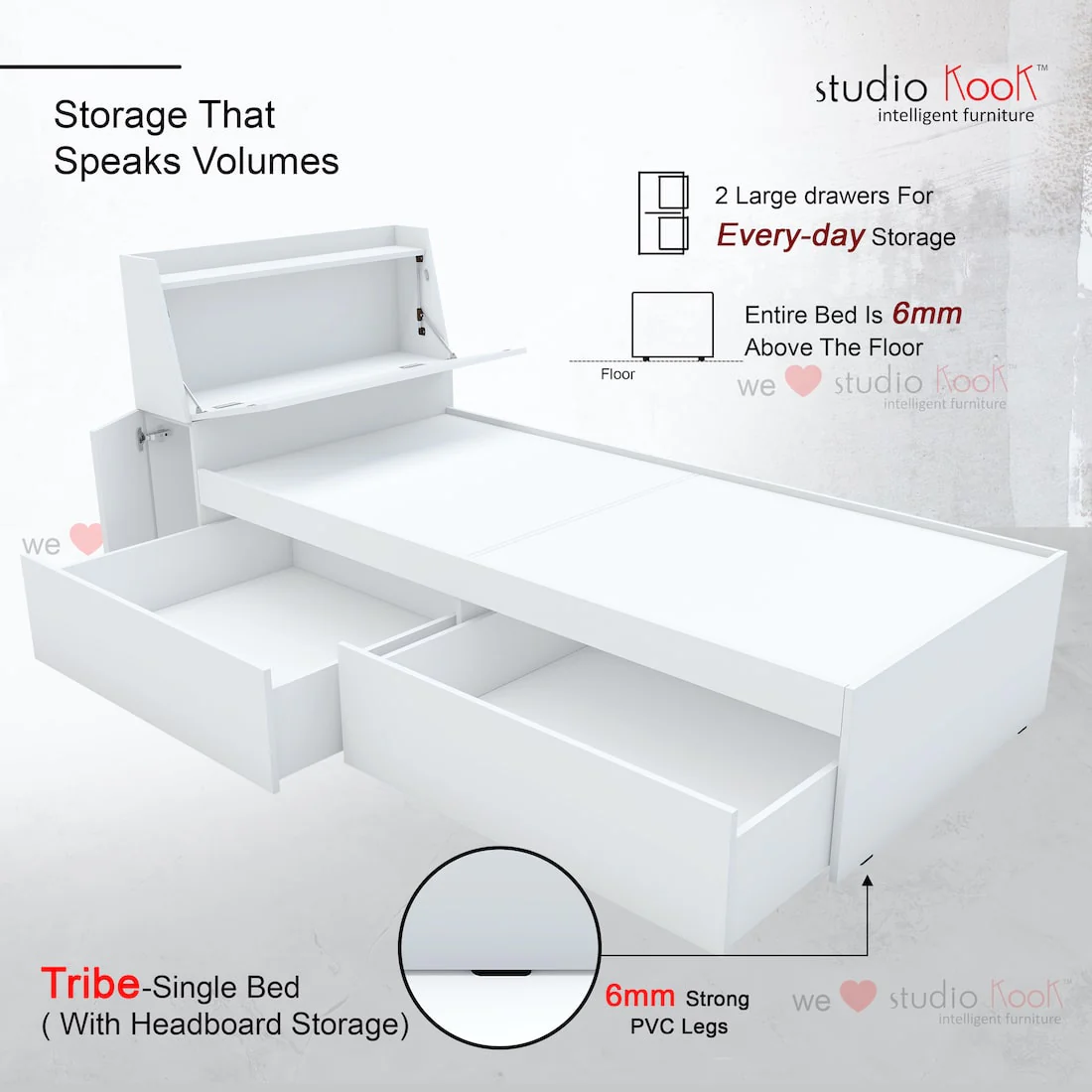Tribe Single Bed Left with Headboard storage and 2 Drawers on Left - Image 5