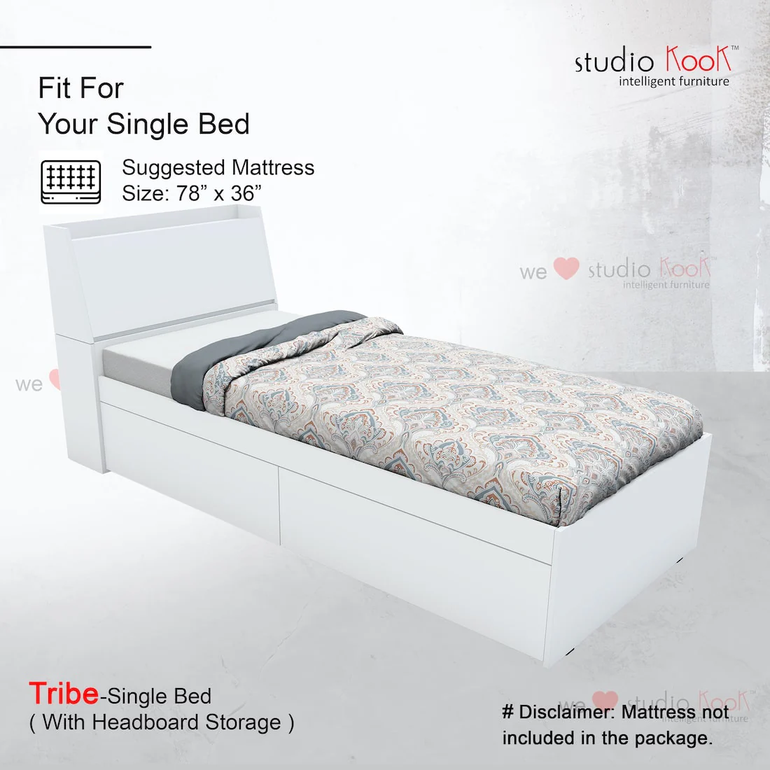 Tribe Single Bed Left with Headboard storage and 2 Drawers on Left - Image 6