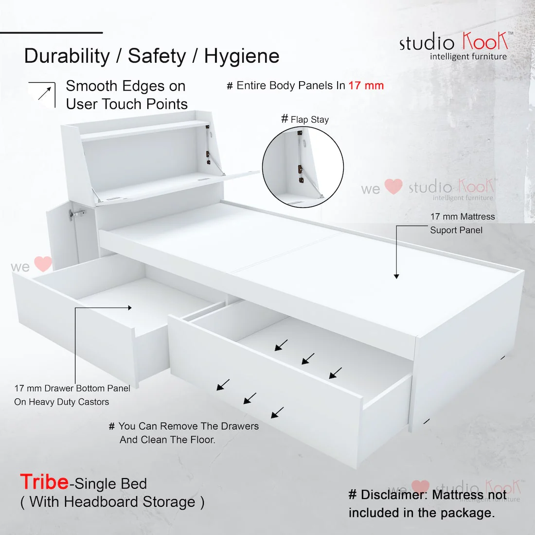 Tribe Single Bed Left with Headboard storage and 2 Drawers on Left - Image 7