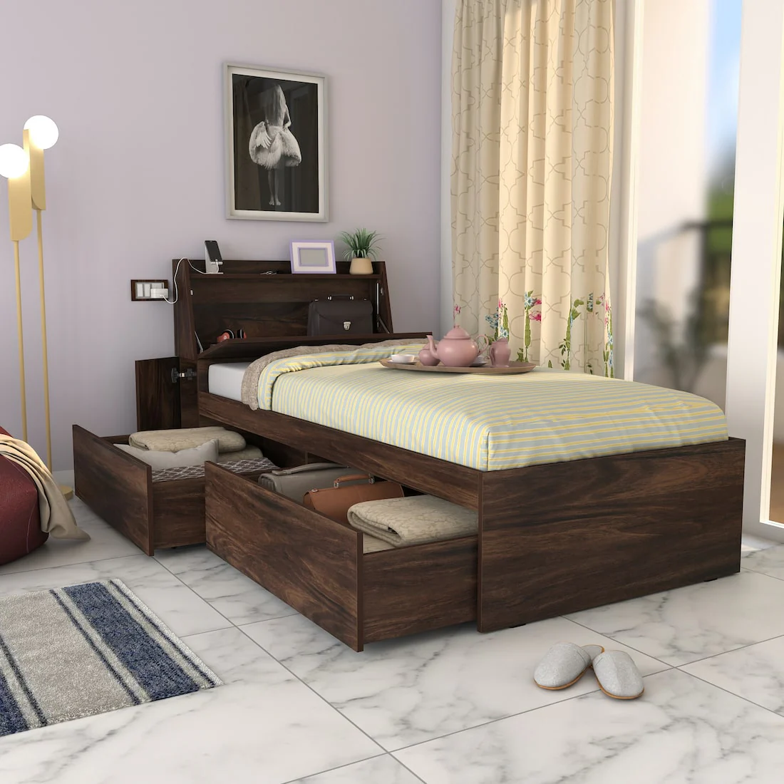 Tribe Single Bed Left with Headboard storage and 2 Drawers on Left - Image 8