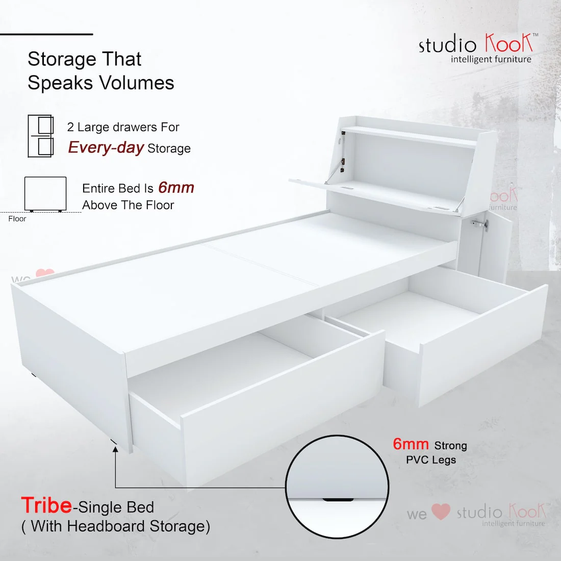 Tribe Single Bed Right with Headboard storage and 2 Drawers on Right - Image 10
