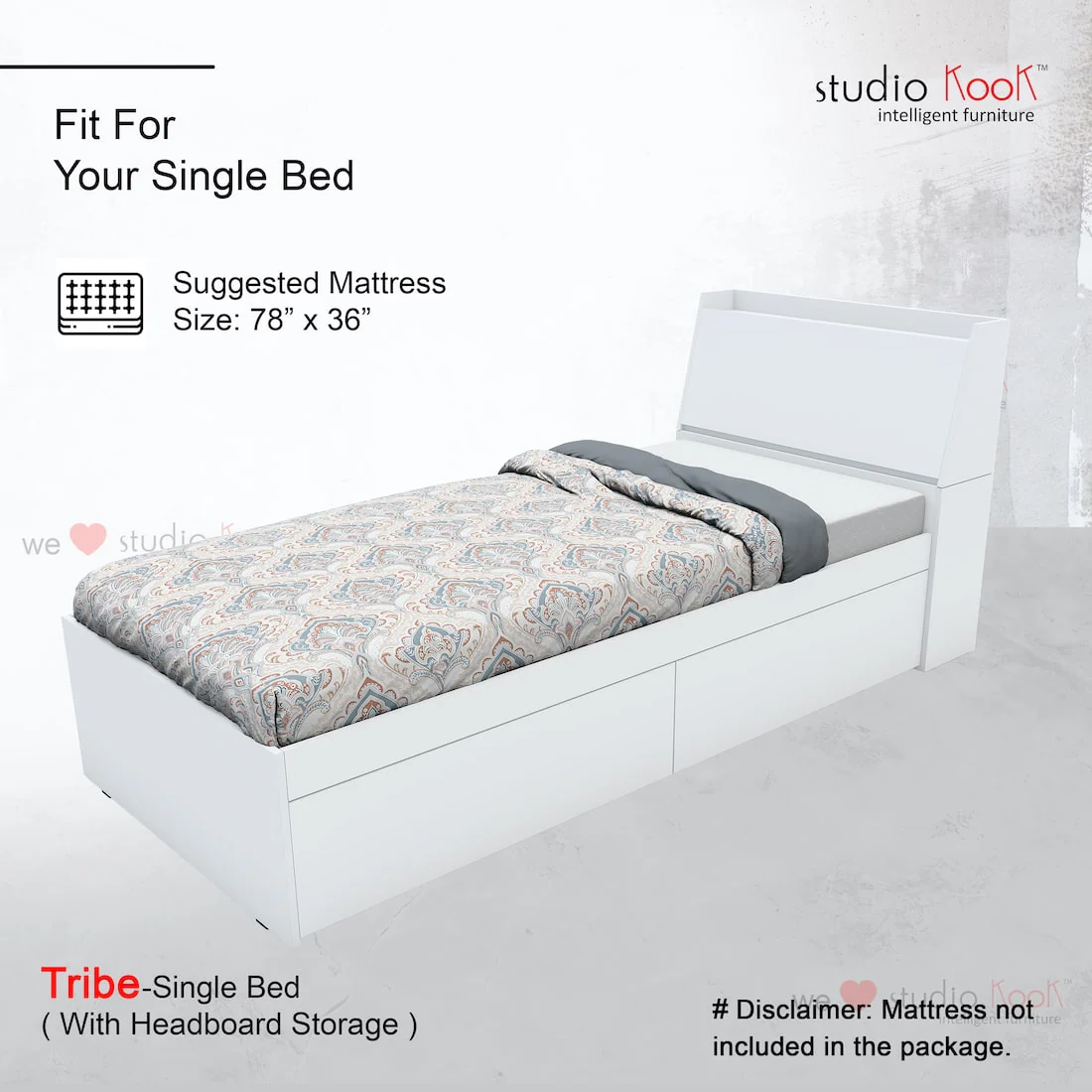 Tribe Single Bed Right with Headboard storage and 2 Drawers on Right - Image 11