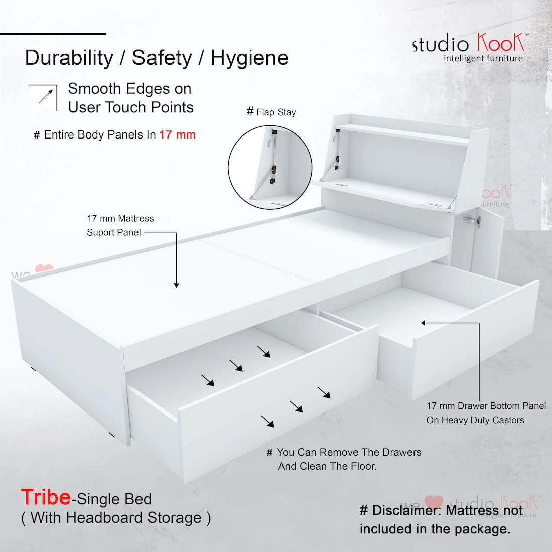 Tribe Single Bed Right with Headboard storage and 2 Drawers on Right - Image 13