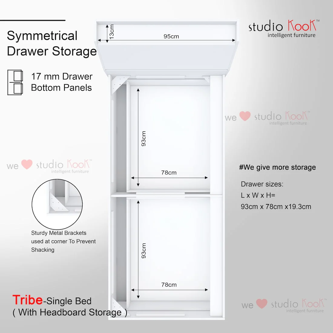 Tribe Single Bed Right with Headboard storage and 2 Drawers on Right - Image 14