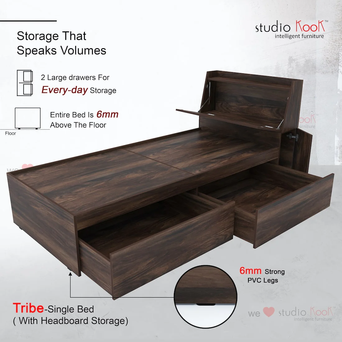 Tribe Single Bed Right with Headboard storage and 2 Drawers on Right - Image 3