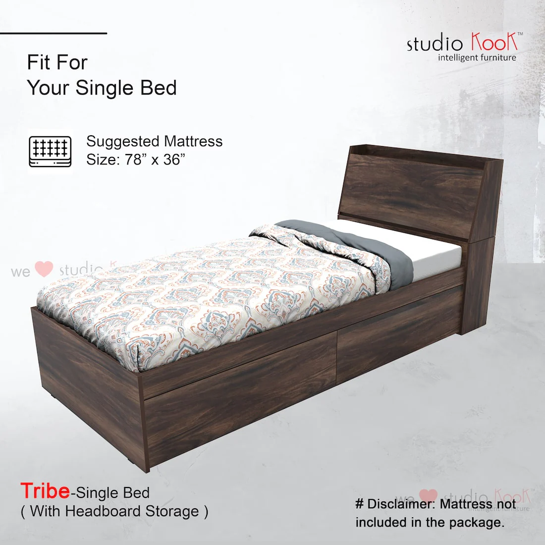 Tribe Single Bed Right with Headboard storage and 2 Drawers on Right - Image 4