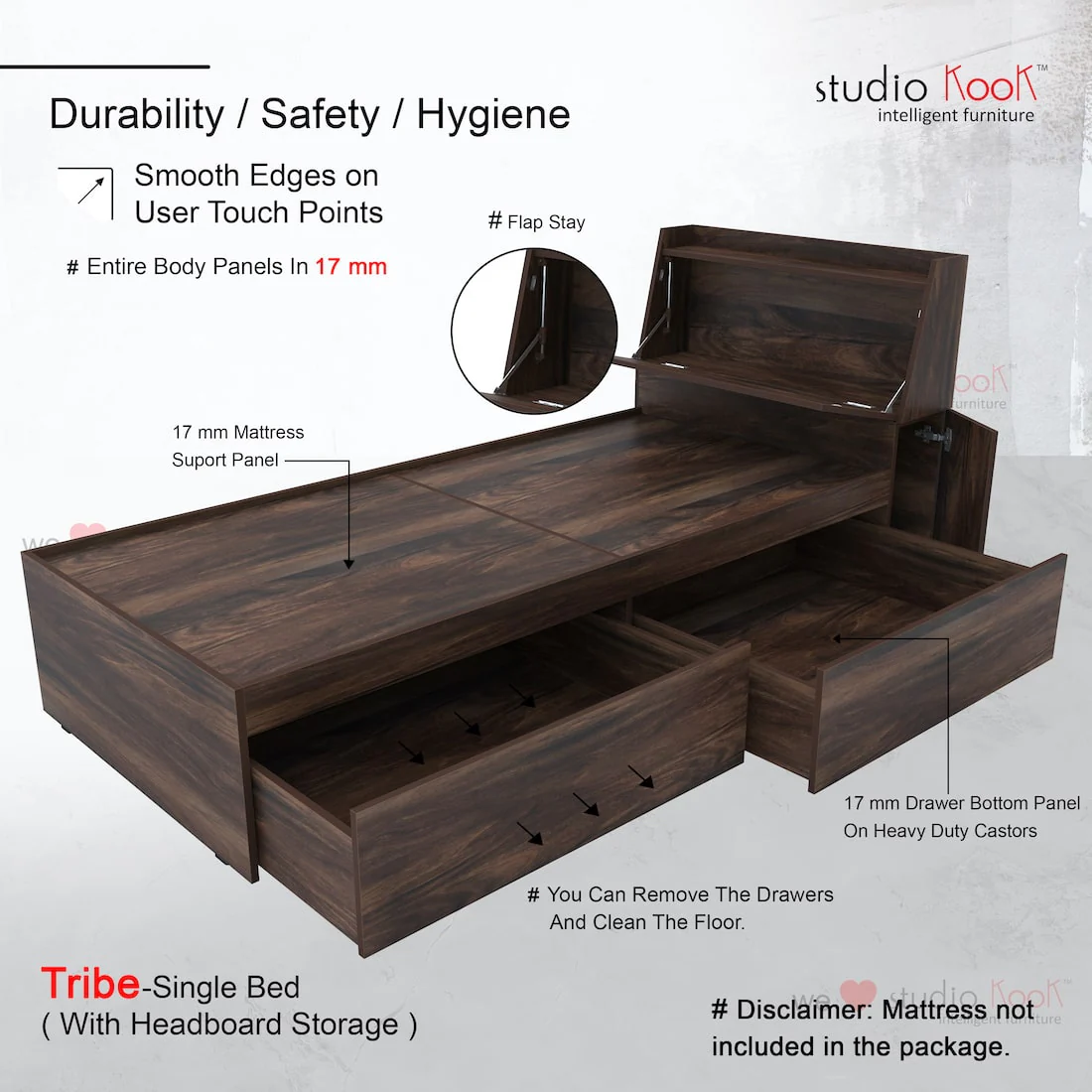 Tribe Single Bed Right with Headboard storage and 2 Drawers on Right - Image 5