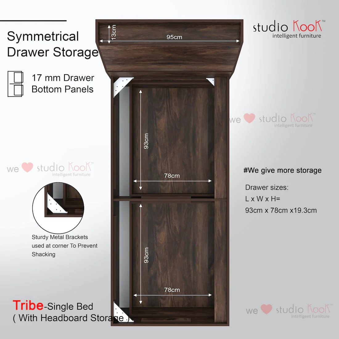 Tribe Single Bed Right with Headboard storage and 2 Drawers on Right - Image 6