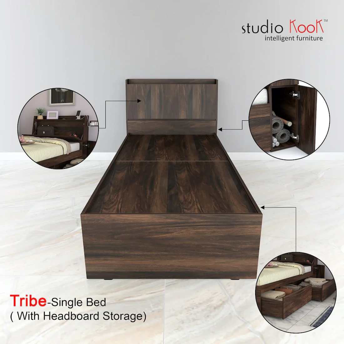 Tribe Single Bed Right with Headboard storage and 2 Drawers on Right - Image 7