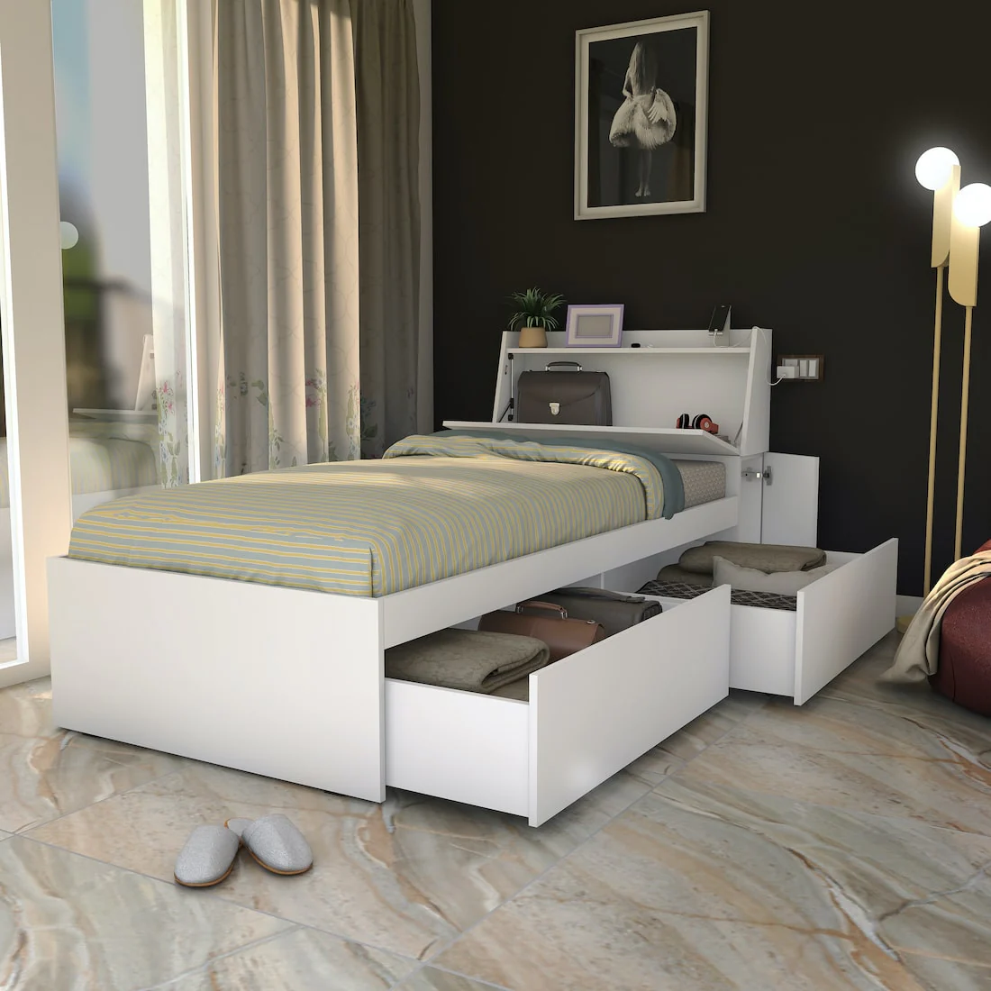 Tribe Single Bed Right with Headboard storage and 2 Drawers on Right - Image 8