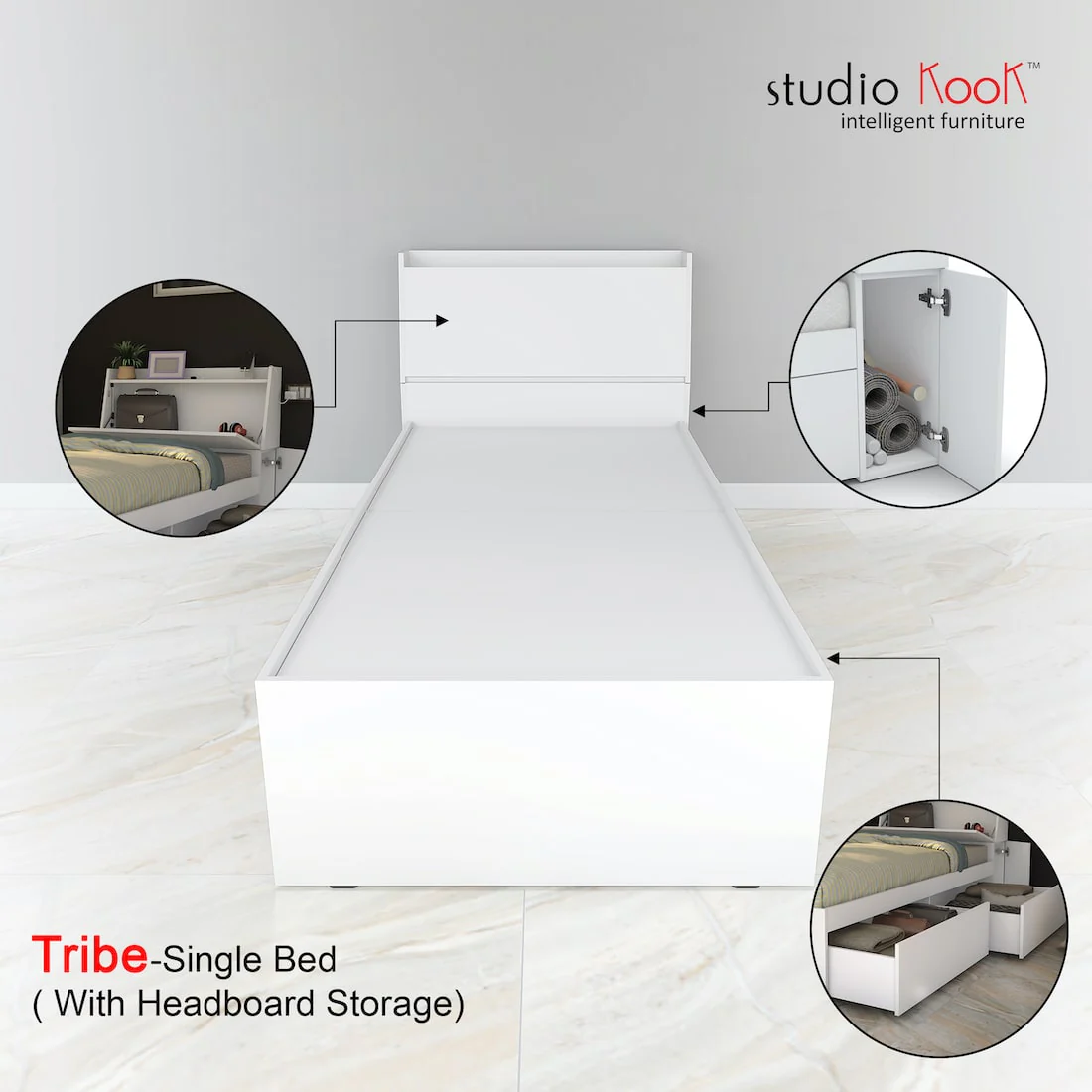 Tribe Single Bed Right with Headboard storage and 2 Drawers on Right - Image 9